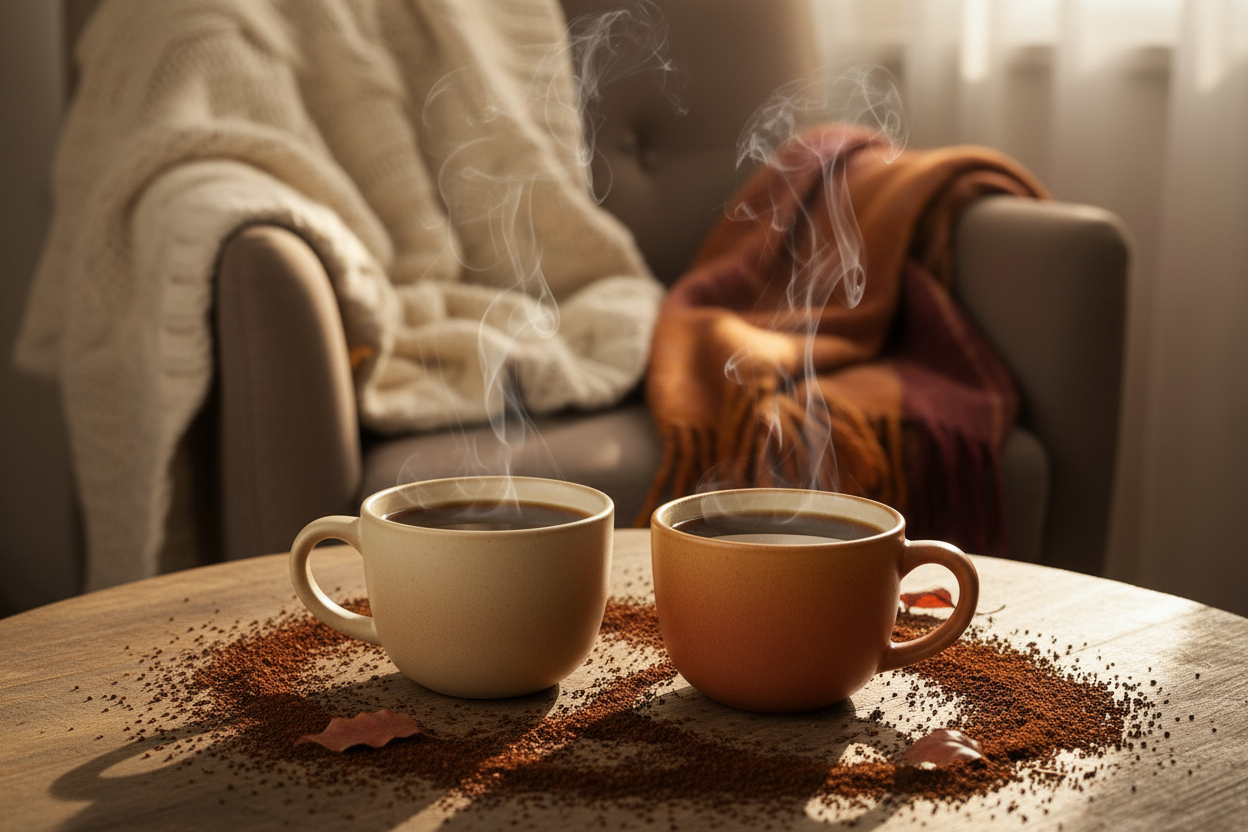 Dual cups of coffee. ground coffee shown and a cozy background