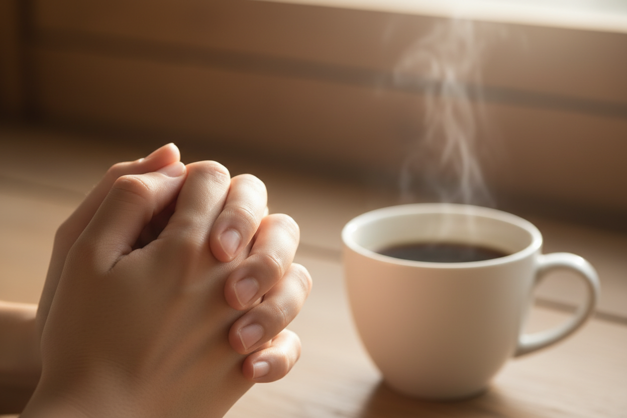 praying hands, cup of coffee in the background